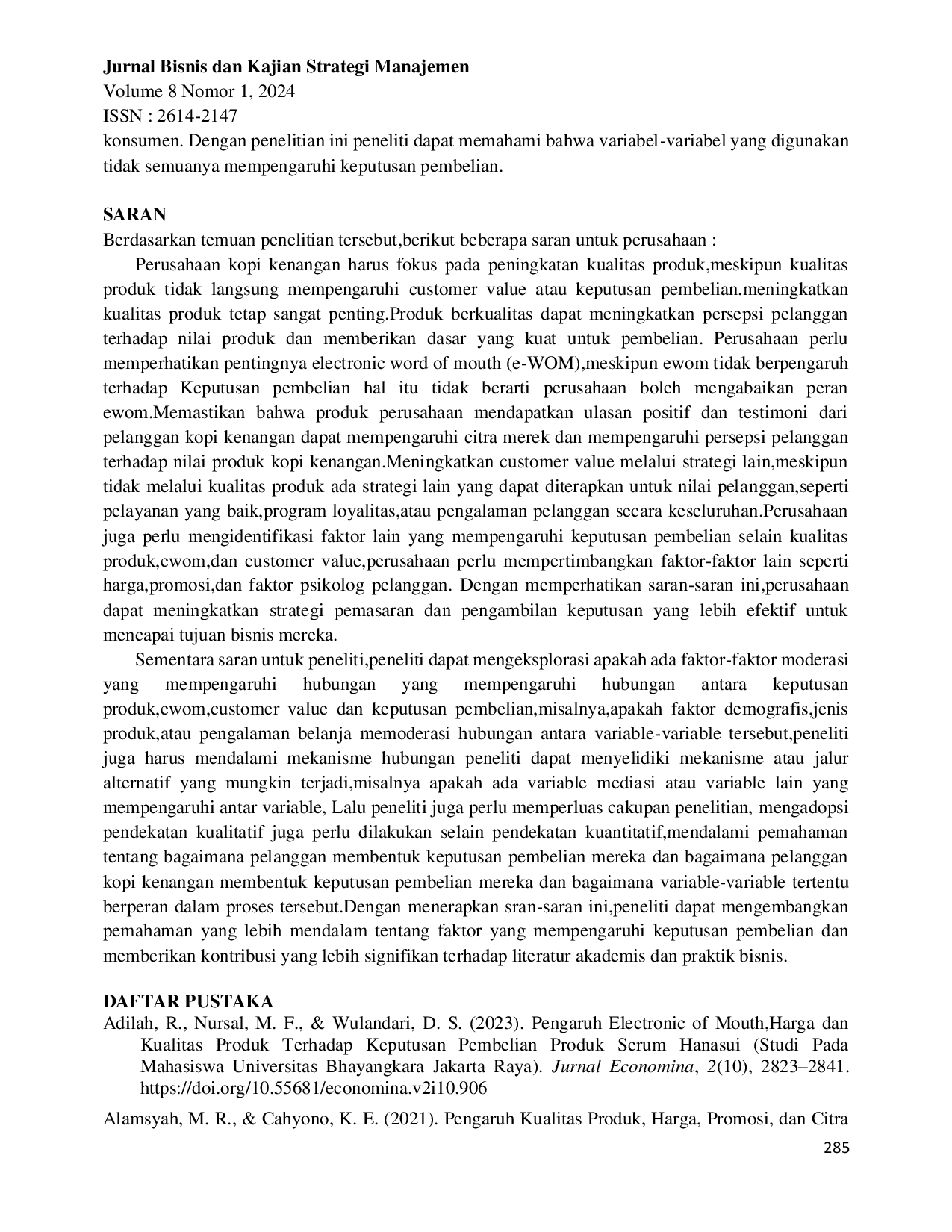 JURIS Strategi membangun customer value pengaruh kualitas produk dan electronic word of mouth melalui mediasi keputusan pembelian