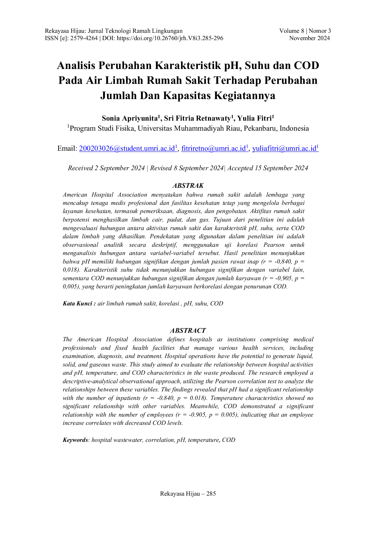 JURIS Analisis Perubahan Karakteristik pH Suhu dan COD Pada Air Limbah Rumah Sakit Terhadap Perubahan Jumlah Dan Kapasitas Kegiatannya