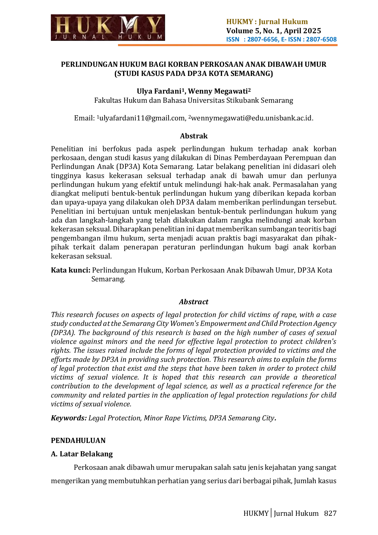 JURIS Perlindungan Hukum Bagi Korban Perkosaan Anak Dibawah Umur Studi Kasus Pada DP3A Kota Semarang