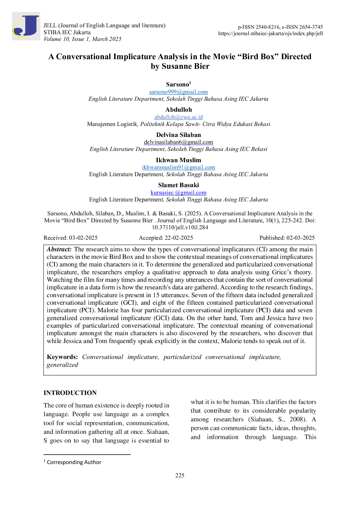 JURIS A Conversational Implicature Analysis in the Movie Bird Box Directed by Susanne Bier