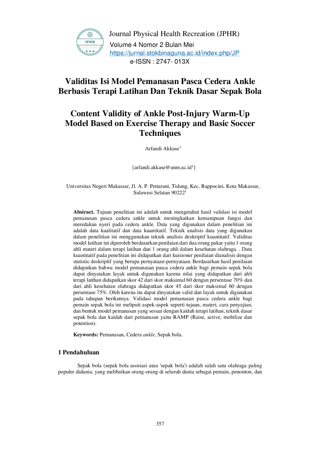 JURIS Validitas Isi Model Pemanasan Pasca Cedera Ankle Berbasis Terapi Latihan Dan Teknik Dasar Sepak Bola