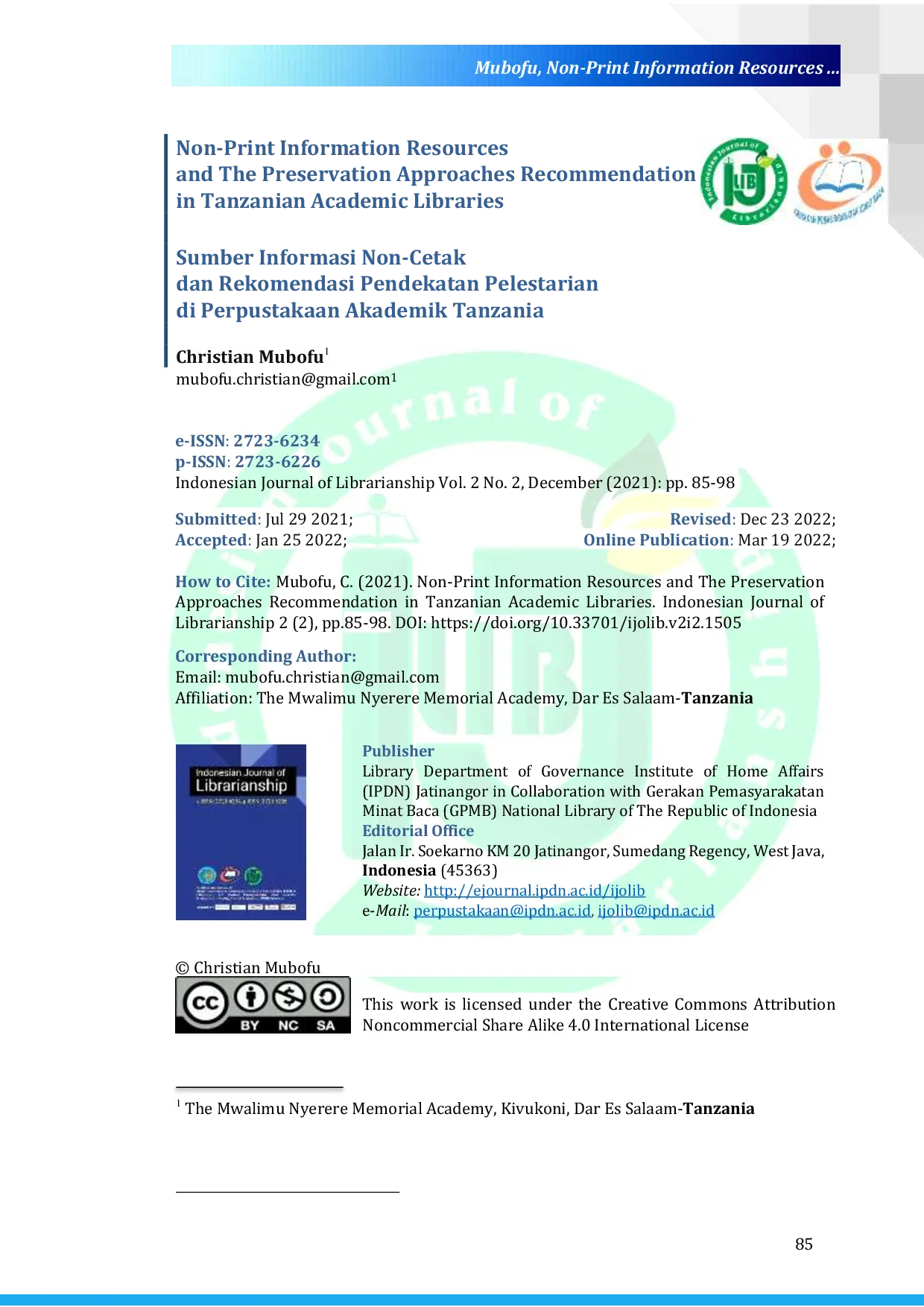 JURIS Non Print Information Resources and The Preservation Approaches Recommendation in Tanzanian Academic Libraries