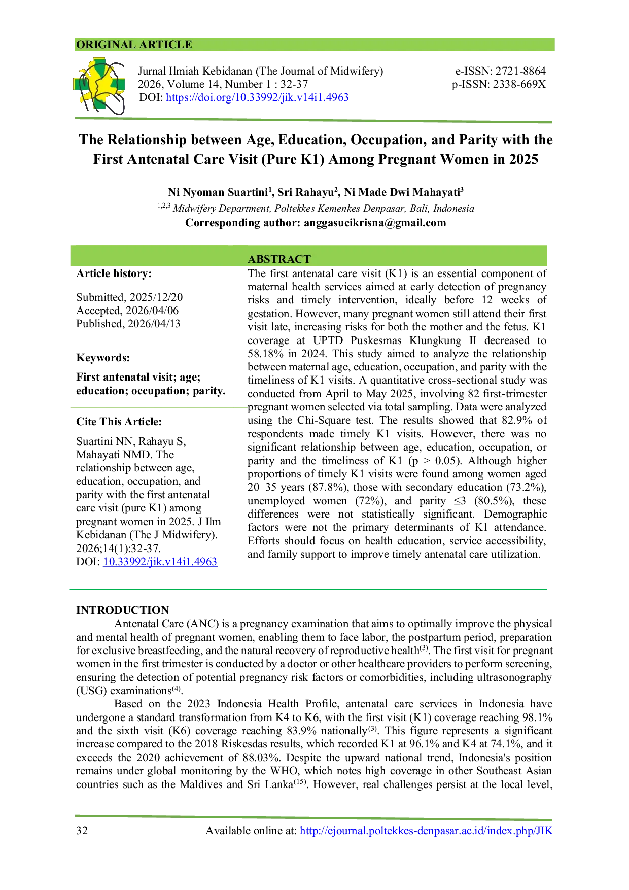 JURIS The Relationship between Age Education Occupation and Parity with the First Antenatal Care Visit Pure K1 Among Pregnant Women in 2025