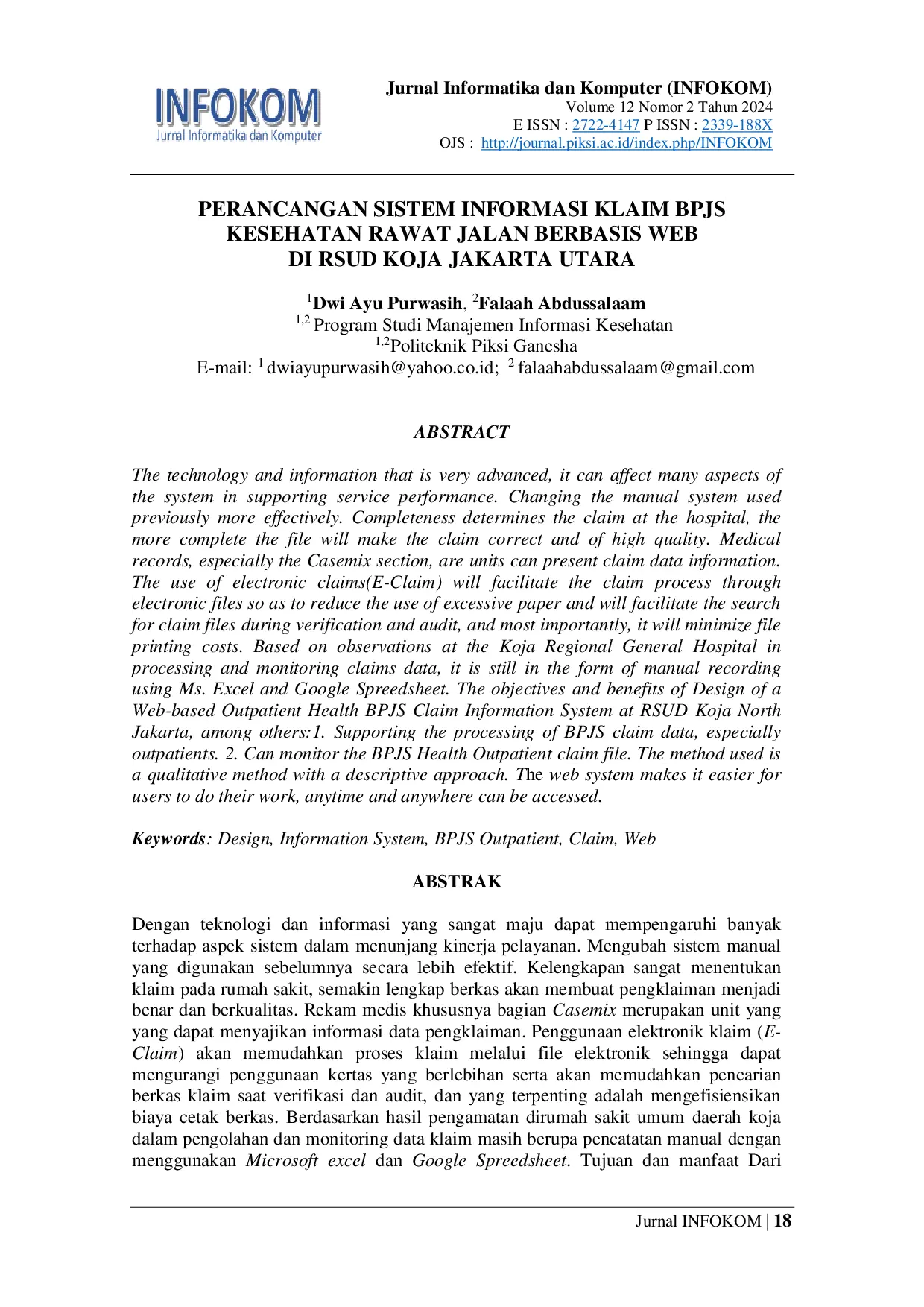 JURIS Perancangan Sistem Informasi Klaim Bpjs Kesehatan Rawat Jalan Berbasis Web Di Rsud Koja Jakarta Utara
