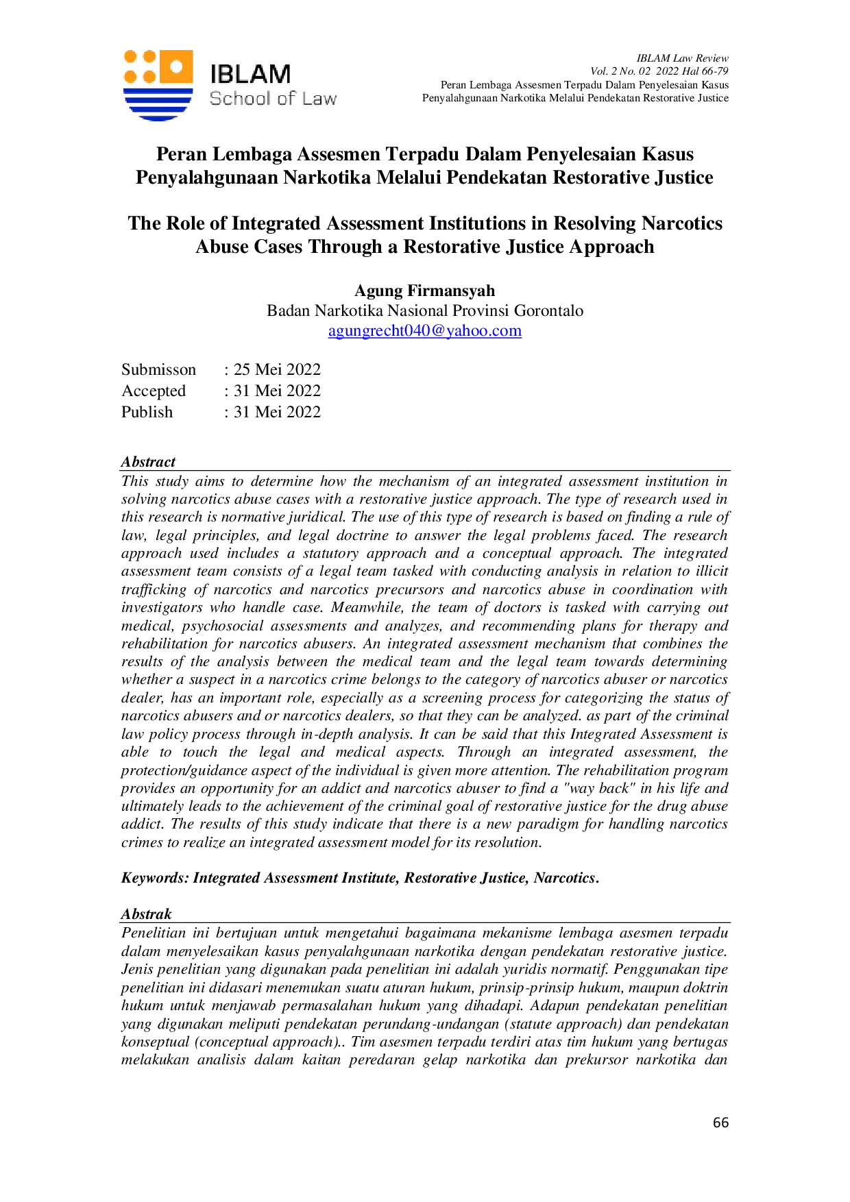 JURIS Peran Lembaga Assesmen Terpadu Dalam Penyelesaian Kasus Penyalahgunaan Narkotika Melalui Pendekatan Restorative Justice