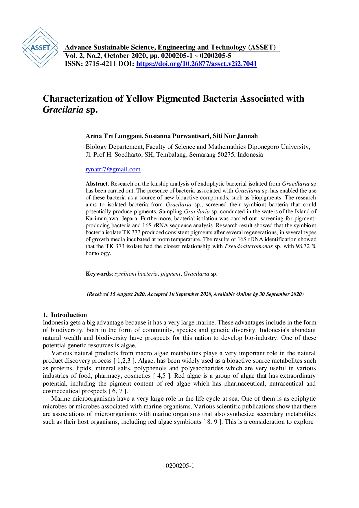 juris Characterization of Yellow Pigmented Bacteria Associated with Gracilaria sp