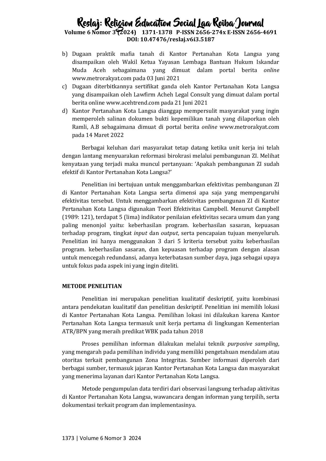 JURIS Efektivitas Pembangunan Zona Integritas Menuju Wilayah Bebas Korupsi dan Wilayah Birokrasi Bersih Melayani di Kantor Pertanahan Kota Langsa