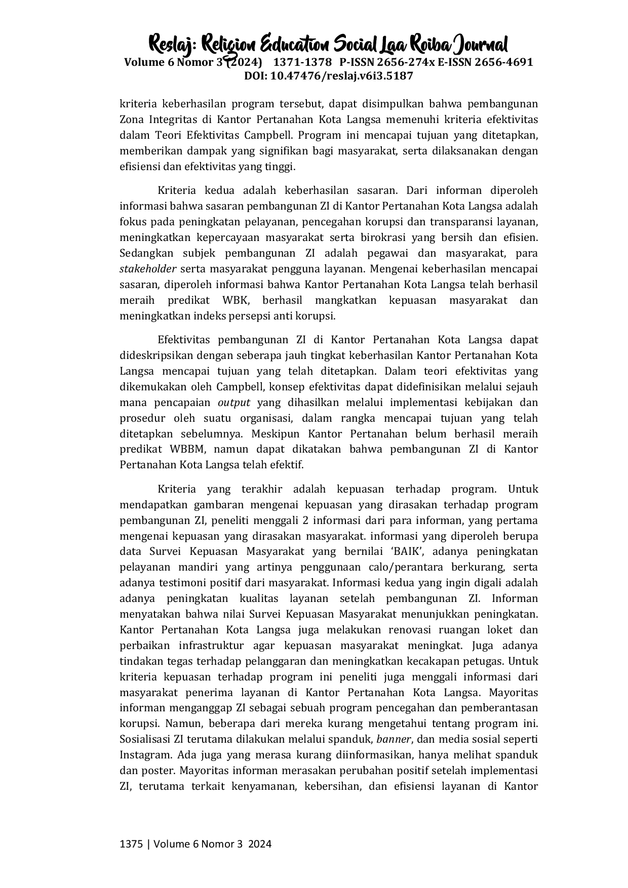 JURIS Efektivitas Pembangunan Zona Integritas Menuju Wilayah Bebas Korupsi dan Wilayah Birokrasi Bersih Melayani di Kantor Pertanahan Kota Langsa