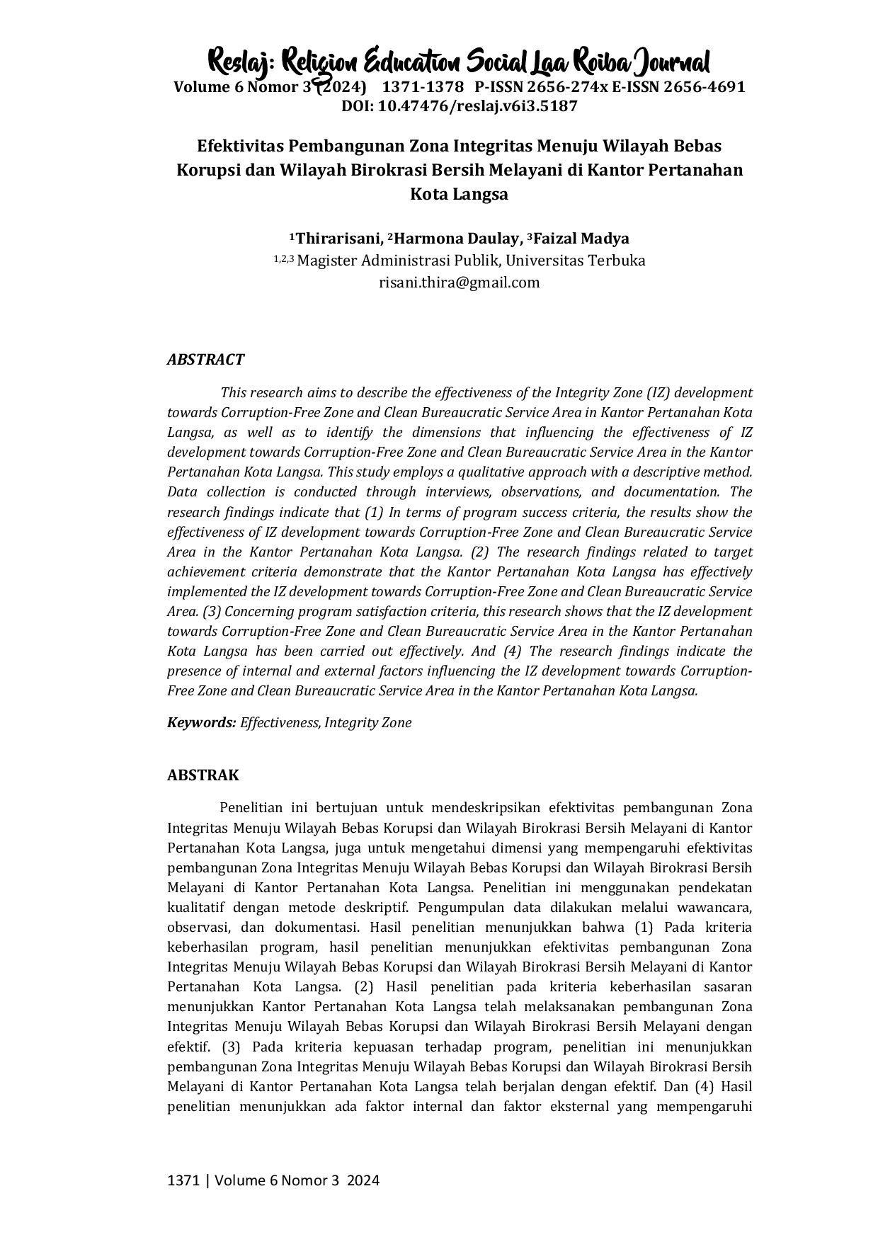 JURIS Efektivitas Pembangunan Zona Integritas Menuju Wilayah Bebas Korupsi dan Wilayah Birokrasi Bersih Melayani di Kantor Pertanahan Kota Langsa