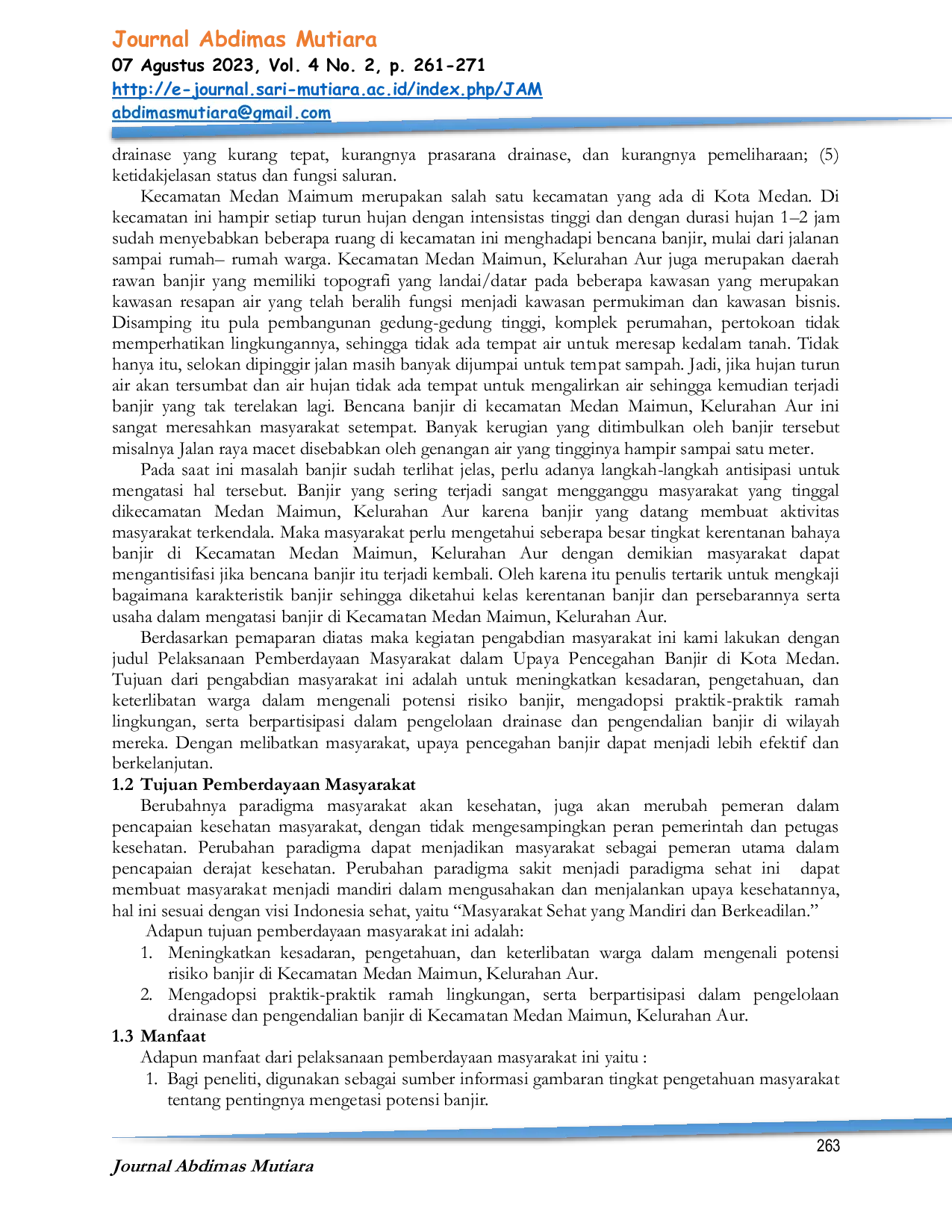 JURIS Pelaksanaan Pemberdayaan Masyarakat Dalam Upaya Pencegahan Banjir Di Kecamatan Medan Maimun Kelurahan Aur Kota Medan