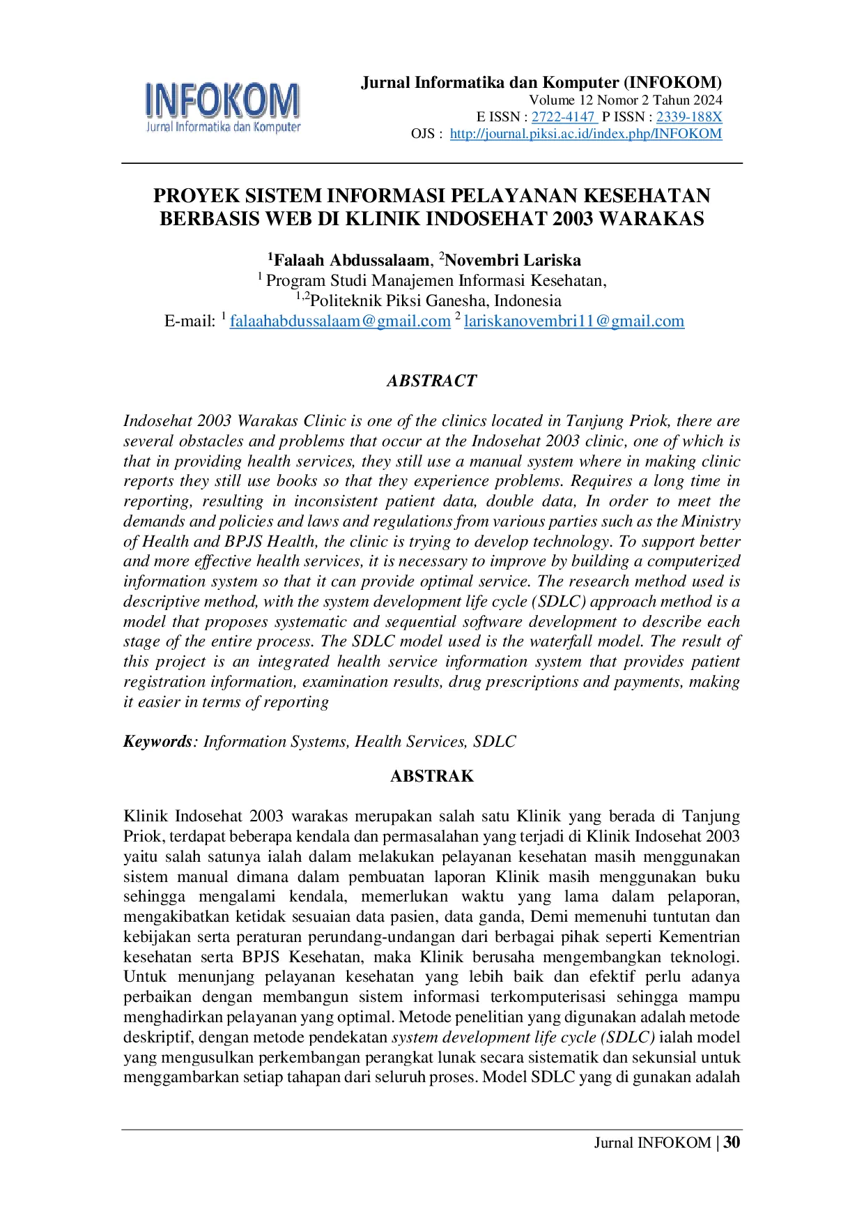 JURIS Proyek Sistem Informasi Pelayanan Kesehatan Berbasis Web di Klinik Indosehat 2003 Warakas