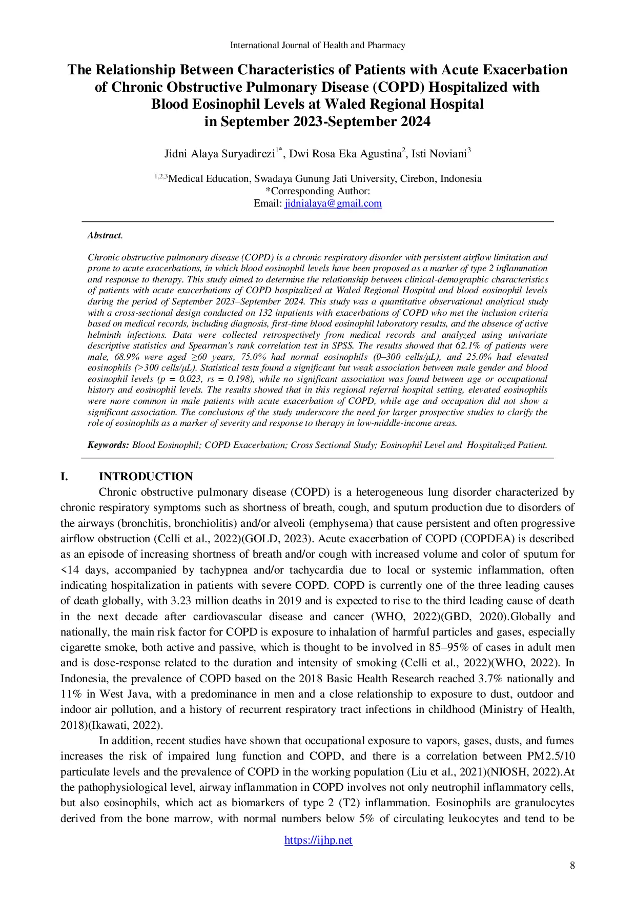JURIS The Relationship Between Characteristics of Patients with Acute Exacerbation of Chronic Obstructive Pulmonary Disease COPD Hospitalized with Blood Eosinophil Levels at Waled Regional Hospital in Sep