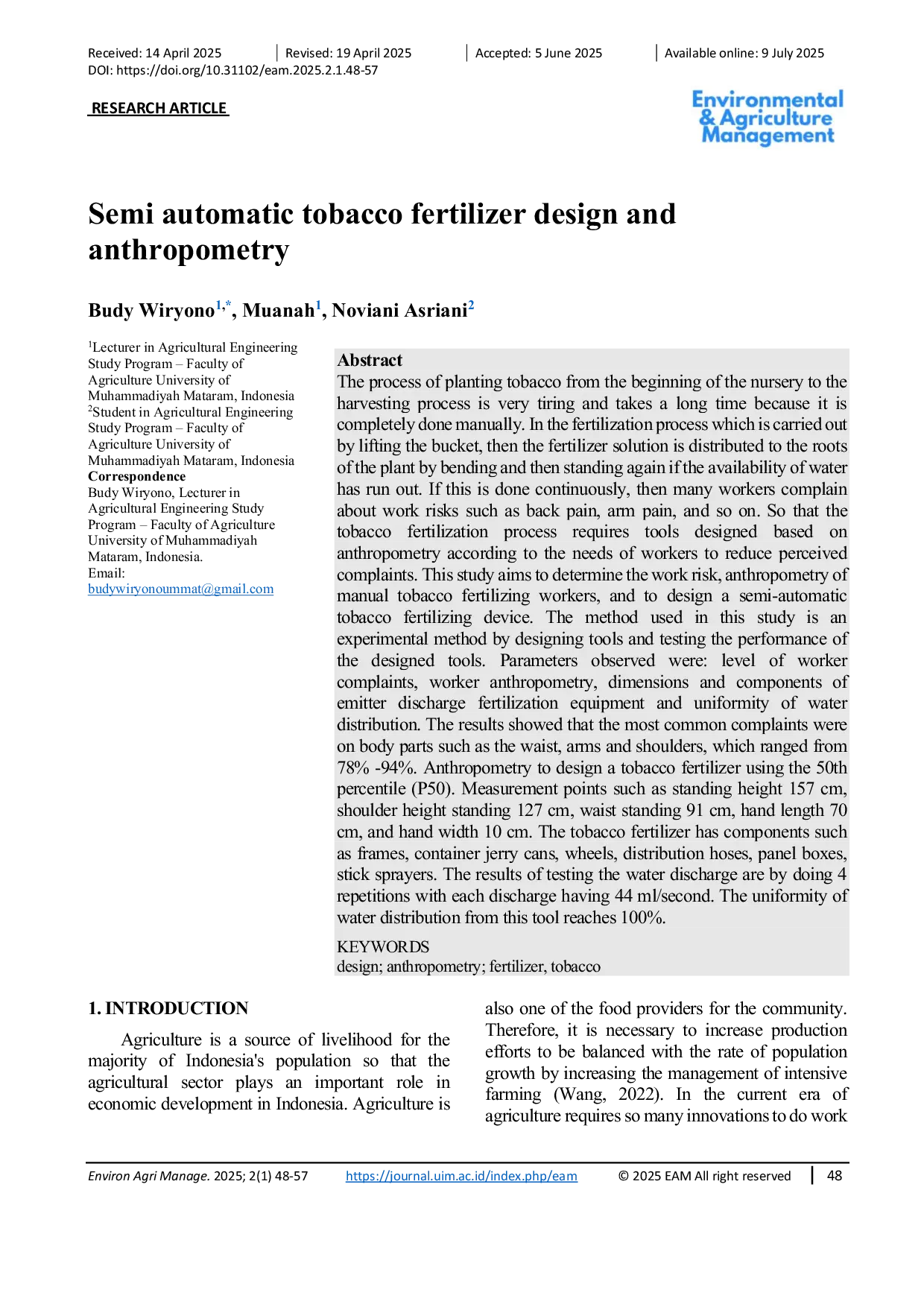 JURIS Semi Automatic Tobacco Fertilizer Design and Anthropometry