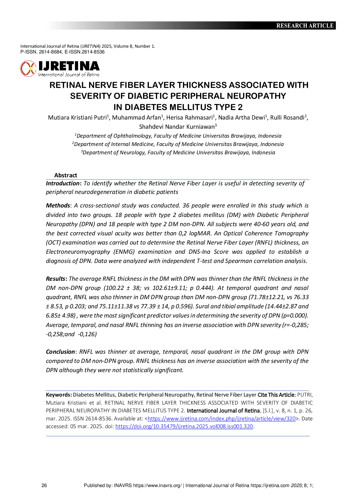 JURIS RETINAL NERVE FIBER LAYER THICKNESS ASSOCIATED WITH SEVERITY OF DIABETIC PERIPHERAL NEUROPATHY IN DIABETES MELLITUS TYPE 2