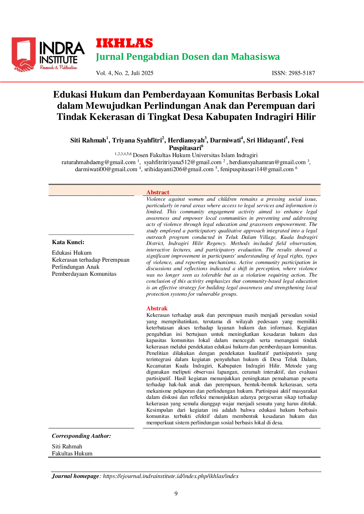 JURIS Edukasi Hukum dan Pemberdayaan Komunitas Berbasis Lokal dalam Mewujudkan Perlindungan Anak dan Perempuan dari Tindak Kekerasan di Tingkat Desa Kabupaten Indragiri Hilir