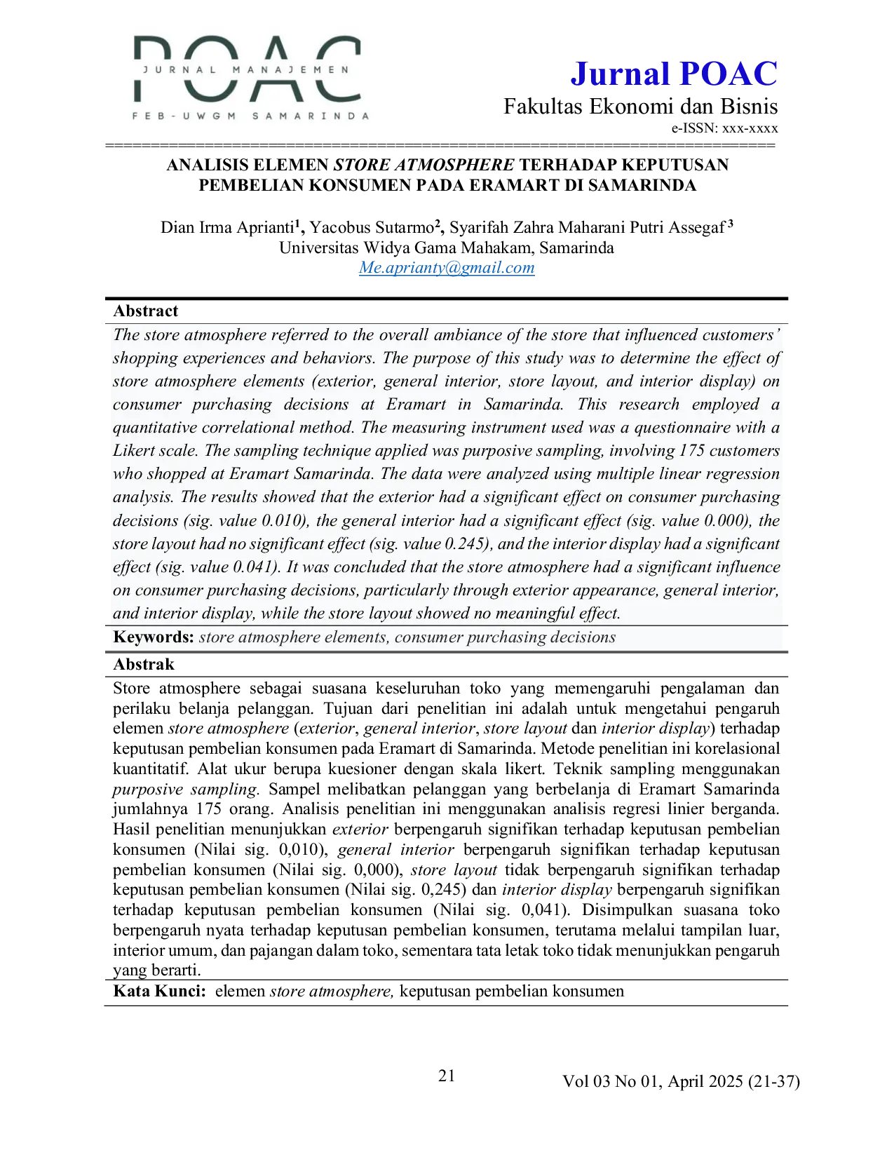 JURIS Analisis Elemen Store Atmosphere Terhadap Keputusan Pembelian Konsumen Pada Eramart Di Samarinda