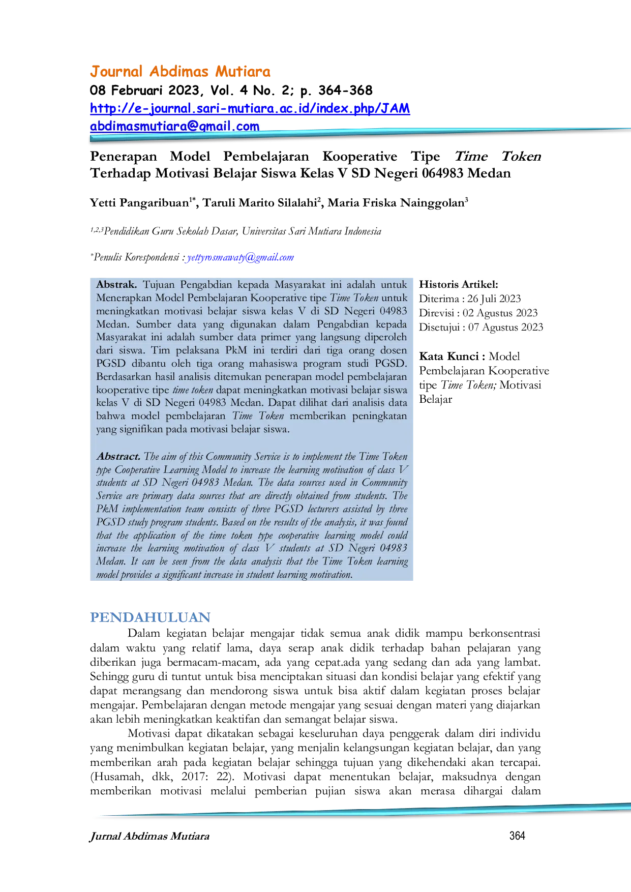 JURIS Penerapan Model Pembelajaran Kooperative Tipe Time Token Terhadap Motivasi Belajar Siswa Kelas V SD Negeri 064983 Medan