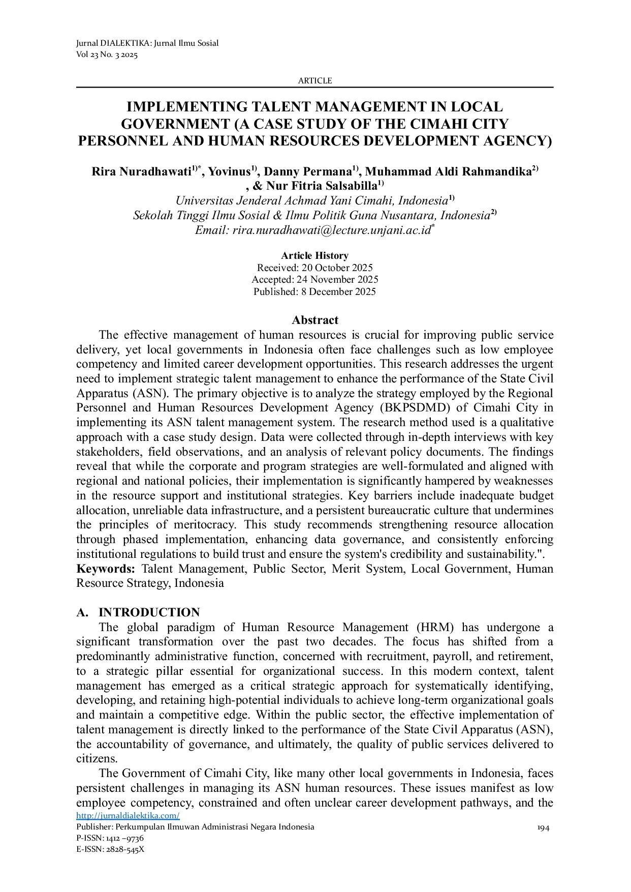 JURIS Implementing Talent Management in Local Government A Case Study of the Cimahi City Personnel and Human Resources Development Agency