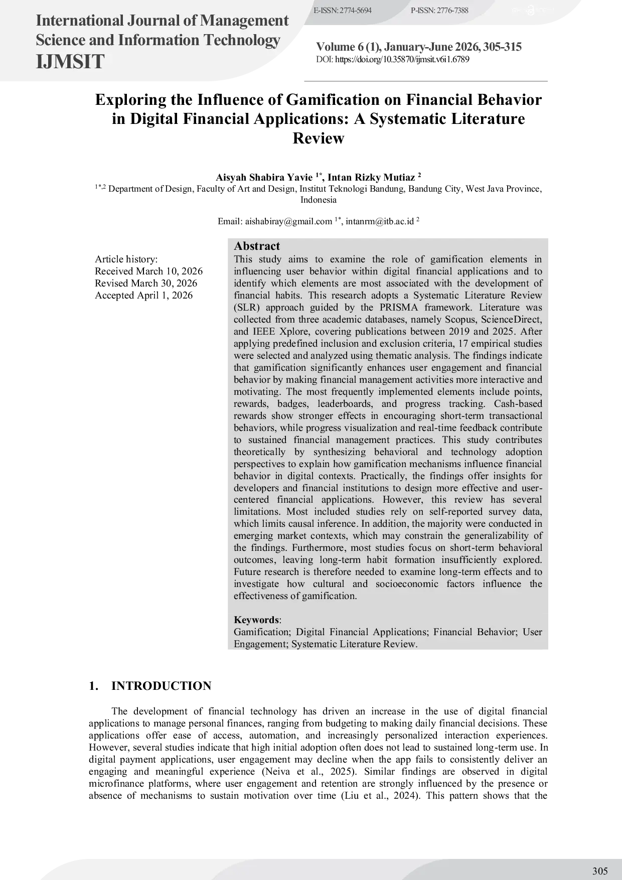 JURIS Exploring the Influence of Gamification on Financial Behavior in Digital Financial Applications A Systematic Literature Review