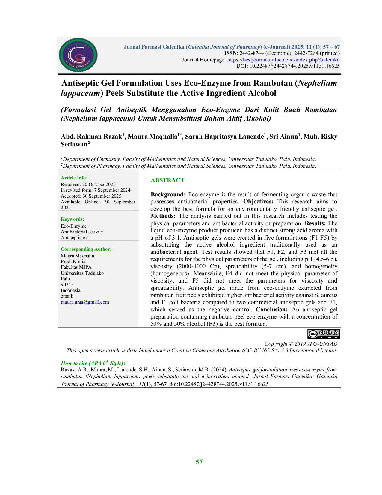 JURIS Antiseptic Gel Formulation Uses Eco Enzyme from Rambutan Nephelium lappaceum Peels Substitute the Active Ingredient Alcohol