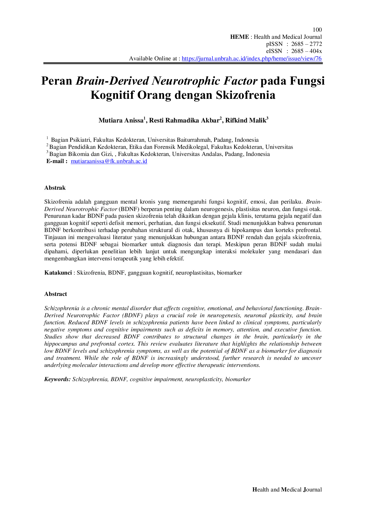JURIS Peran Brain Derived Neurotrophic Factor pada Fungsi Kognitif Orang dengan Skizofrenia