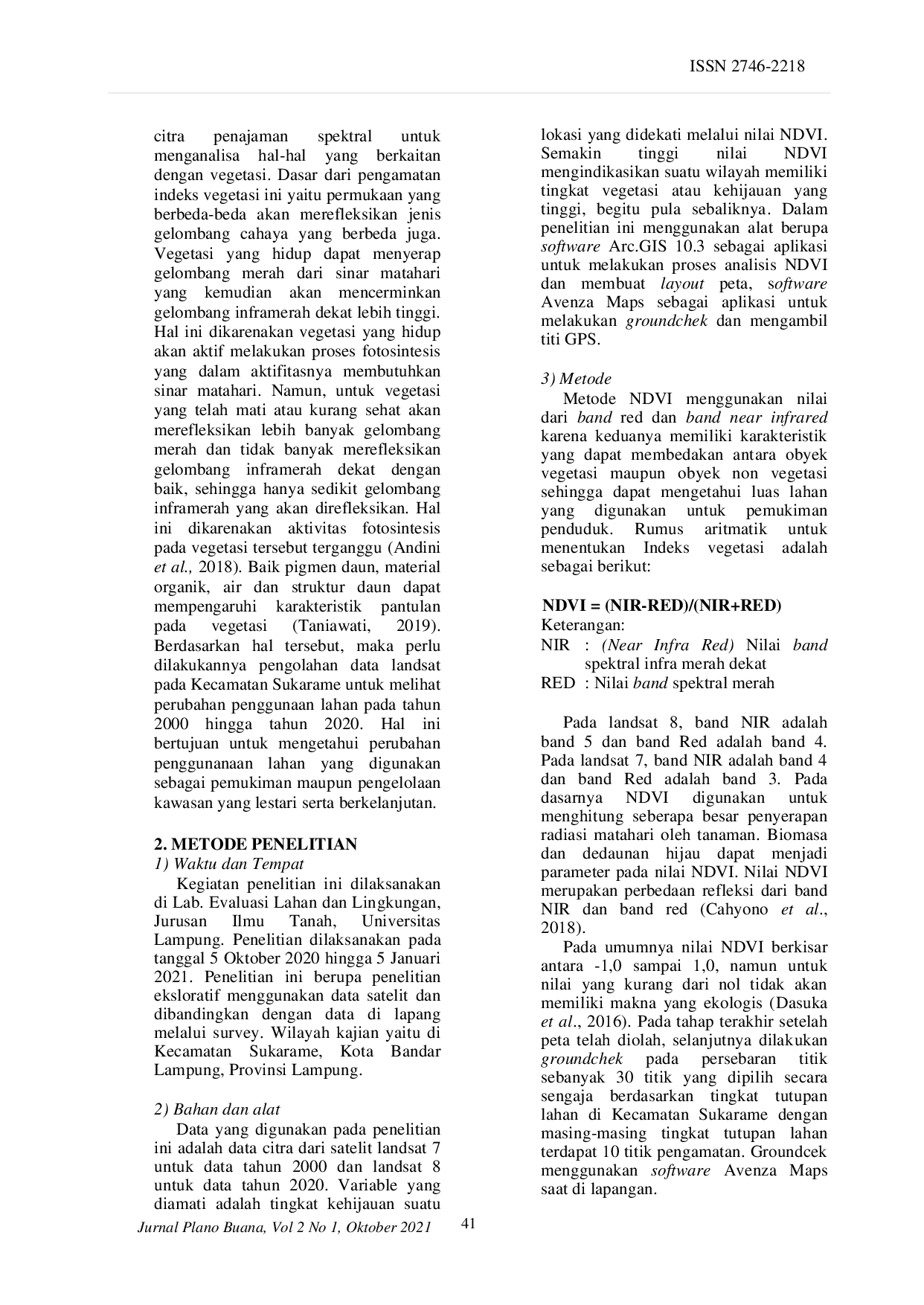 JURIS Analisis Tingkat Kehijauan Lahan Daerah Sukarame Bandar Lampung Dengan Metode Ndvi Berdasarkan Citra Landsat Tahun 2000 dan 2020