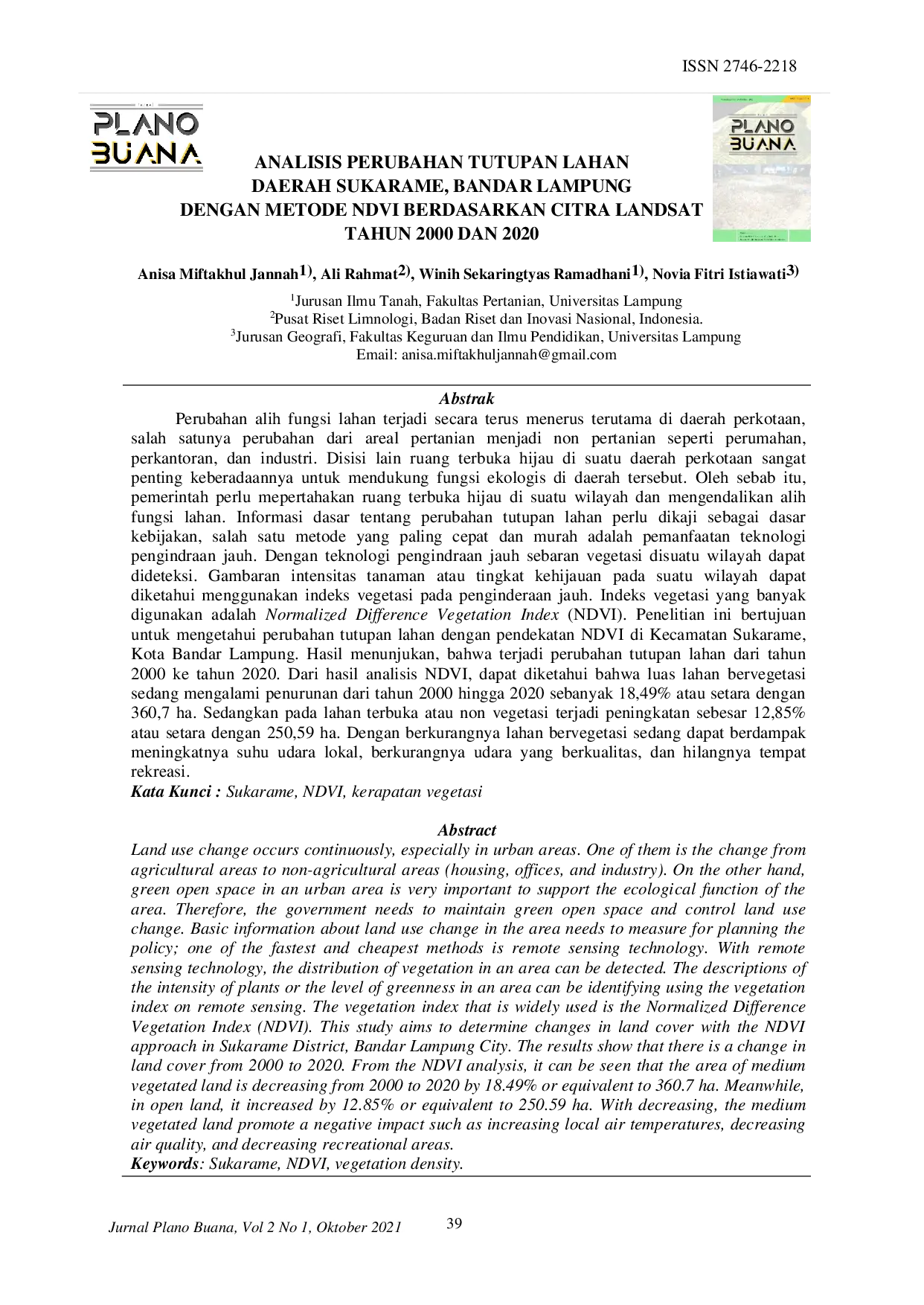JURIS Analisis Tingkat Kehijauan Lahan Daerah Sukarame Bandar Lampung Dengan Metode Ndvi Berdasarkan Citra Landsat Tahun 2000 dan 2020