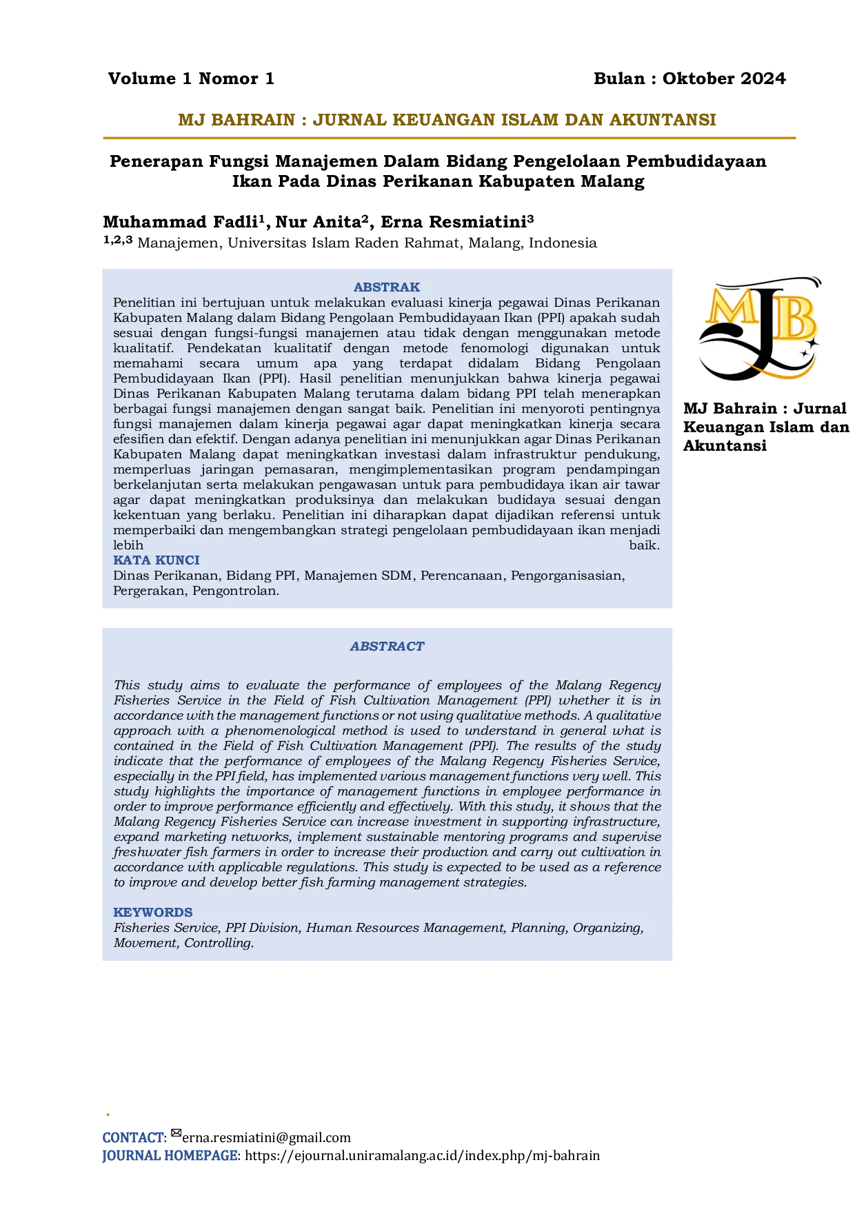 JURIS Penerapan Fungsi Manajemen Dalam Bidang Pengelolaan Pembudidayaan Ikan Pada Dinas Perikanan Kabupaten Malang