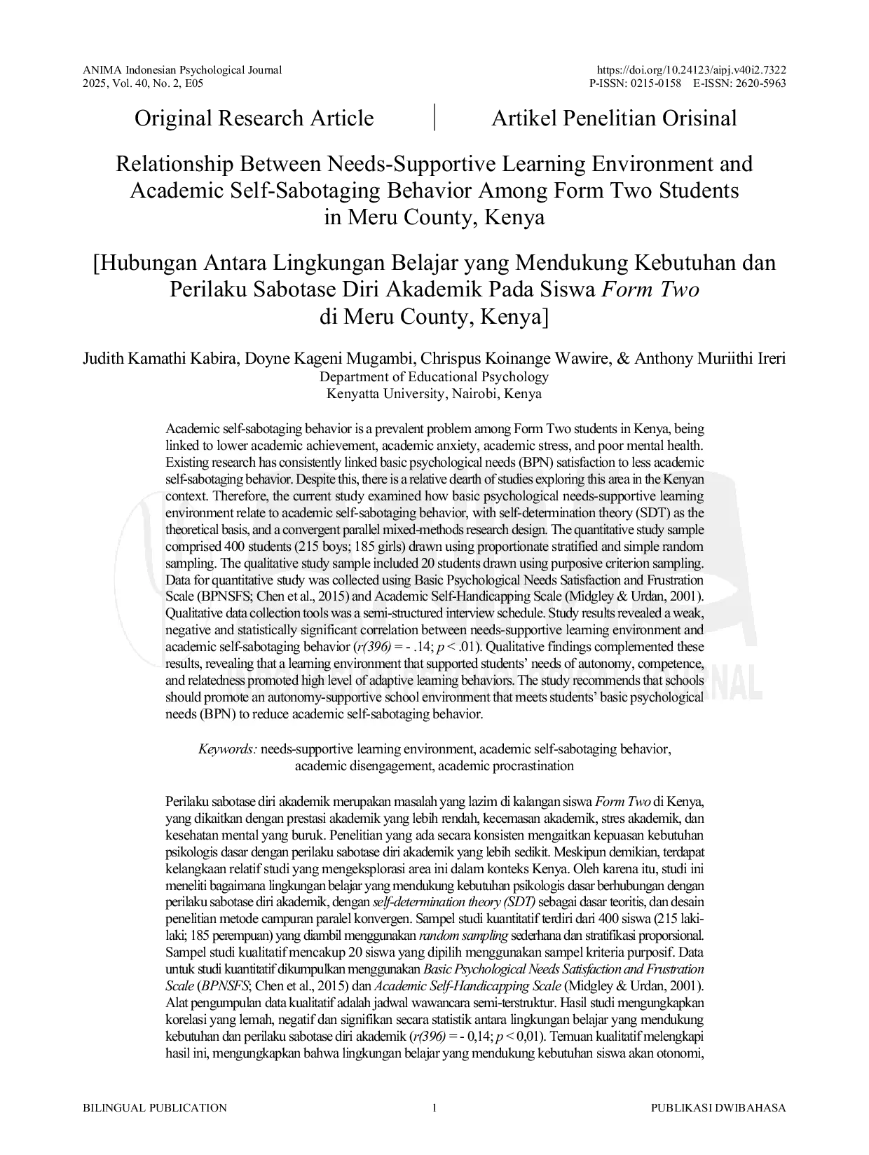 JURIS Hubungan Antara Lingkungan Belajar yang Mendukung Kebutuhan dan Perilaku Sabotase Diri Akademik pada Siswa Form Two di Meru County Kenya