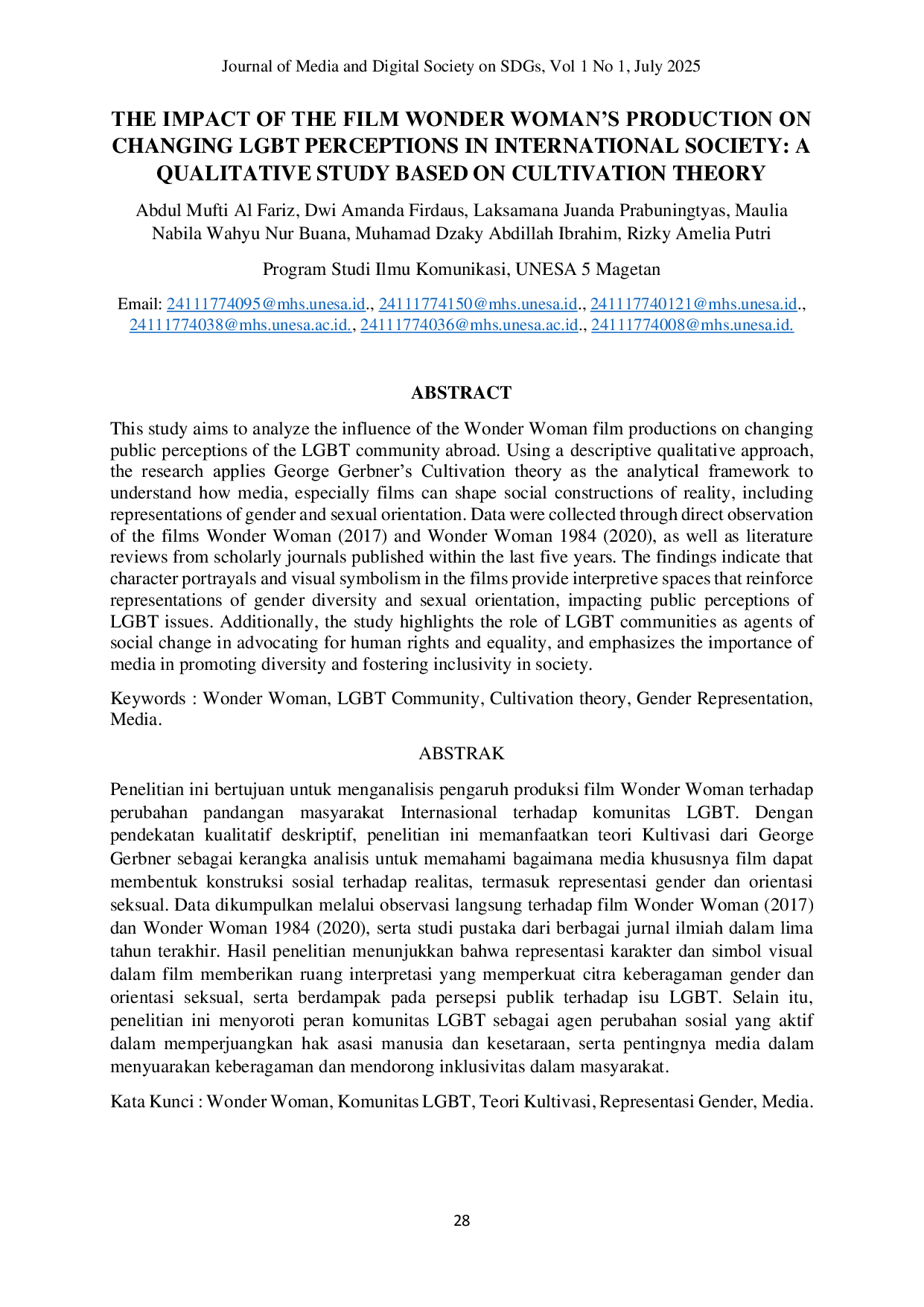 JURIS The Impact of the Film Wonder Woman s Production on Changing LGBT Perceptions in International Society A Qualitative Study Based on Cultivation Theory