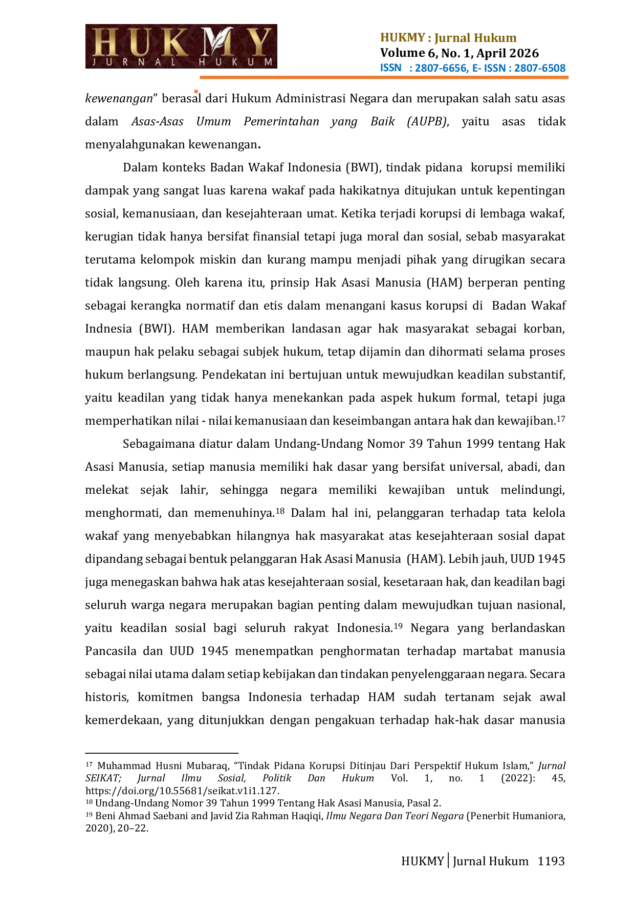 JURIS Analisis Yuridis Penyalahgunaan Kewenangan Sistem Pengelolaan Wakaf Yang Transparan Dan Akuntabel Dalam Perspektif Ham