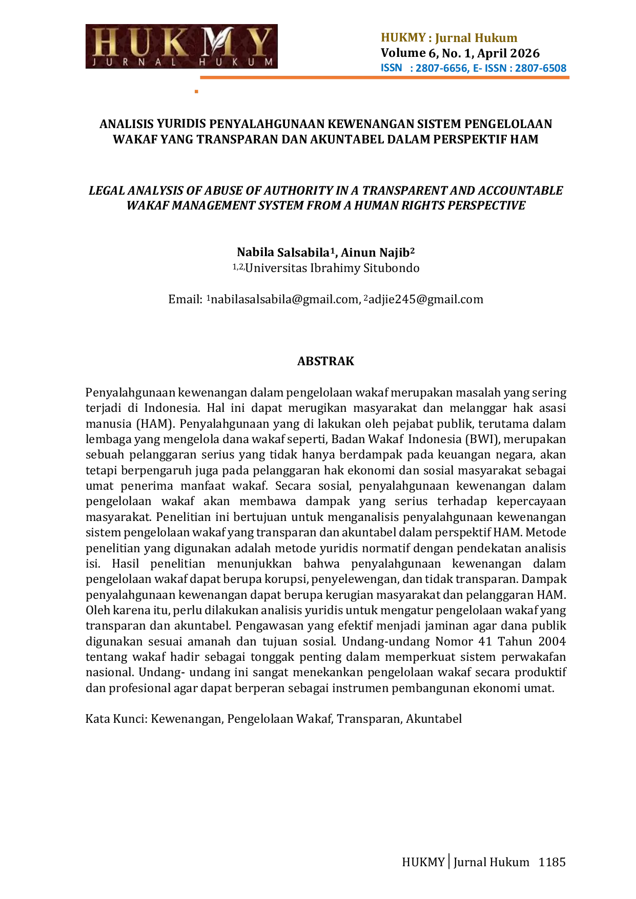 JURIS Analisis Yuridis Penyalahgunaan Kewenangan Sistem Pengelolaan Wakaf Yang Transparan Dan Akuntabel Dalam Perspektif Ham