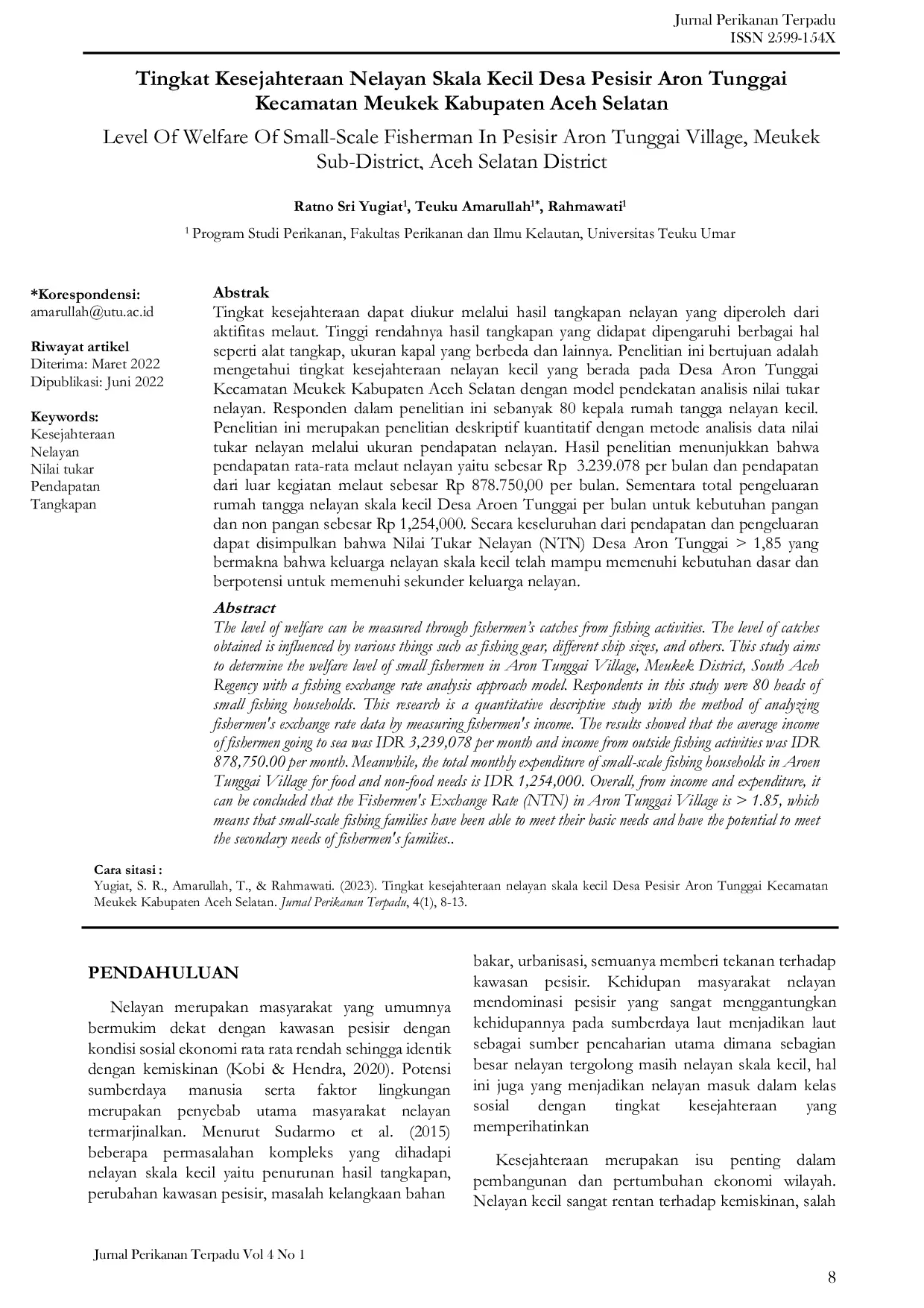 JURIS Tingkat Kesejahteraan Nelayan Skala Kecil Desa Pesisir Aron Tunggai Kecamatan Meukek Kabupaten Aceh Selatan