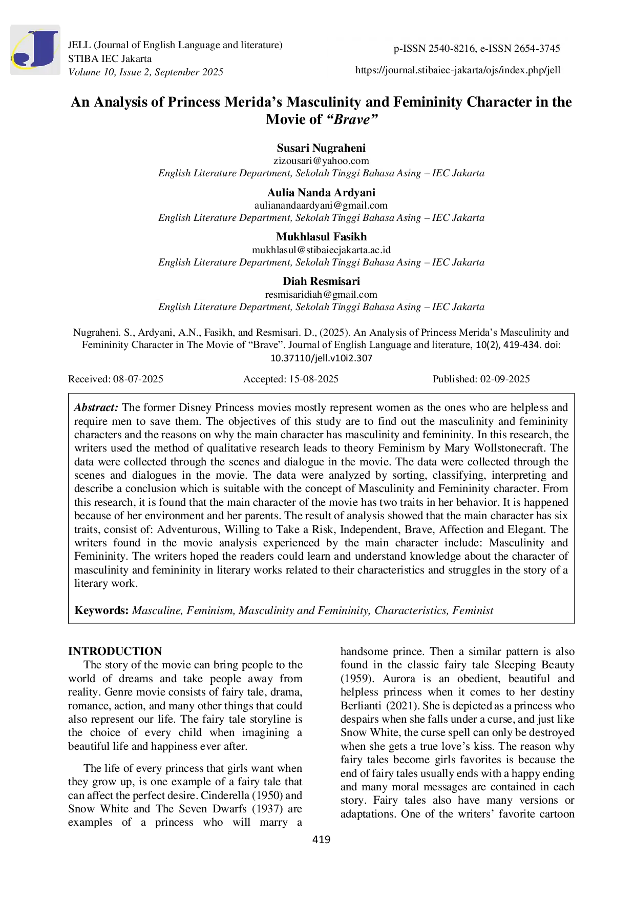 JURIS An Analysis of Princess Merida s Masculinity and Femininity Character in The Movie fo Brave