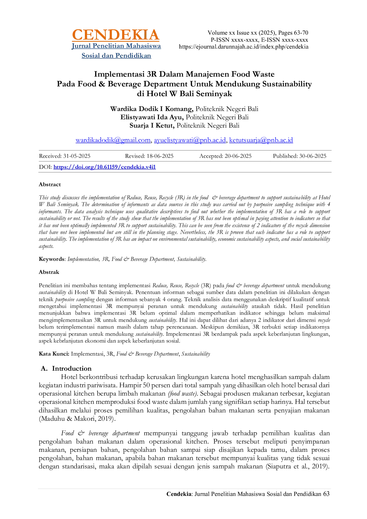 JURIS Implementasi 3R Dalam Manajemen Food Waste Pada Food Beverage Department Untuk Mendukung Sustainability di Hotel W Bali Seminyak