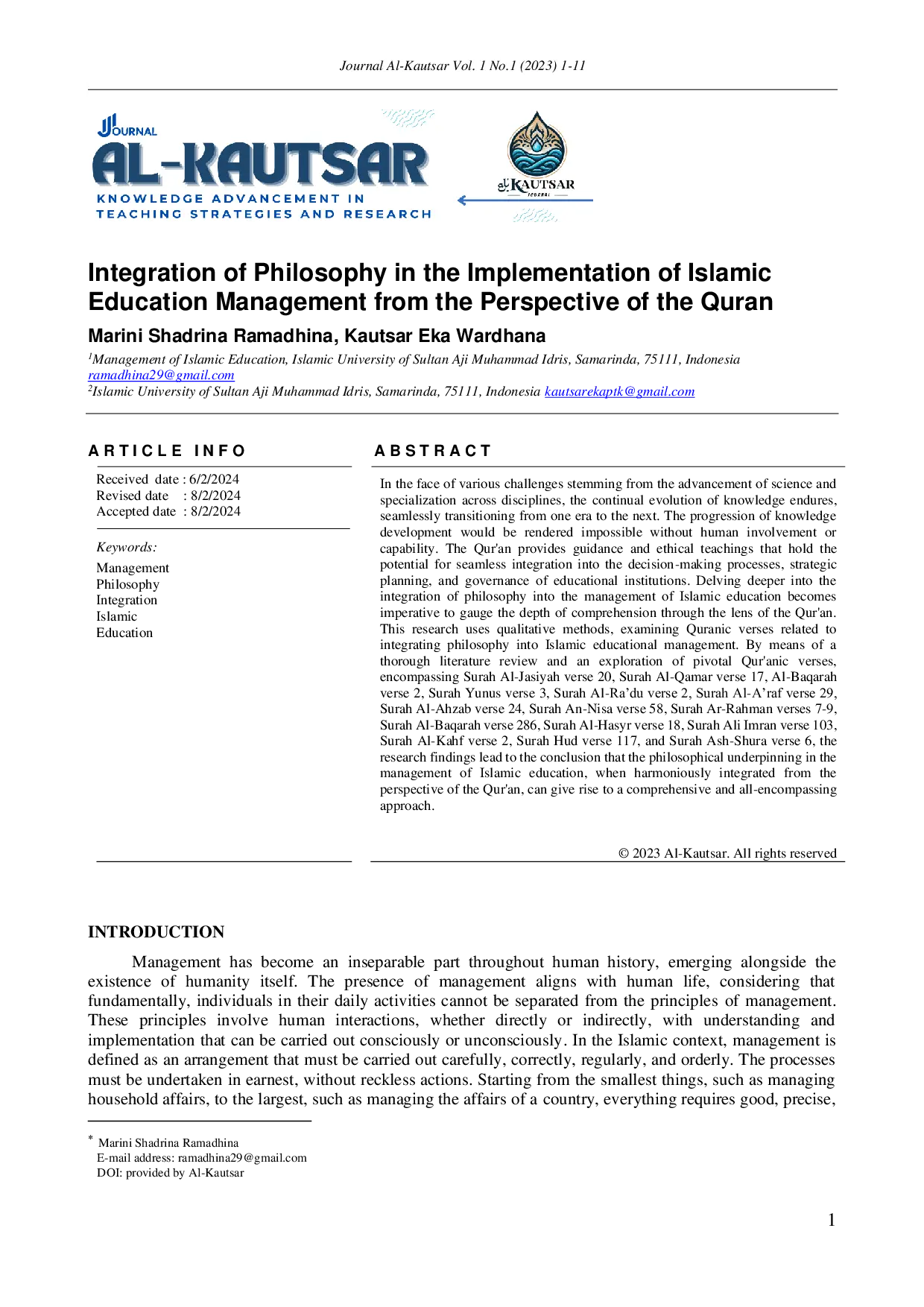 JURIS Integrasi Filsafat dalam Implementasi Manajemen Pendidikan Islam dari Perspektif Al Qur an