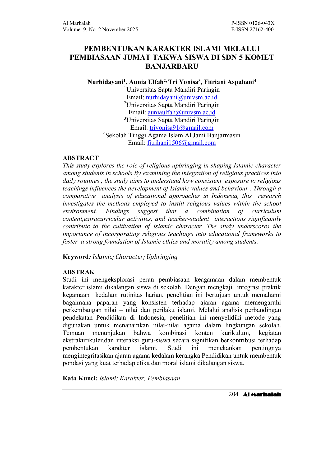 JURIS Pembentukan Karakter Islami Melalui Pembiasaan Jumat Takwa Siswa Di Sdn 5 Komet Banjarbaru
