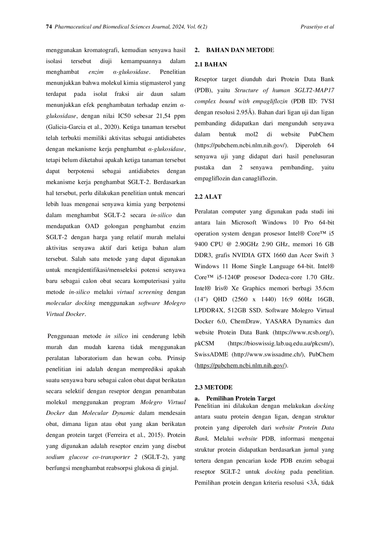 JURIS Studi In Silico Senyawa Bioaktif pada Daun Yakon Smallanthus sonchifolius Kayu Secang Caesalpinia sappan L Daun Salam Syzygium polyanthum Sebagai Antidiabetes Mekanisme Kerja Inhibitor SGLT 2