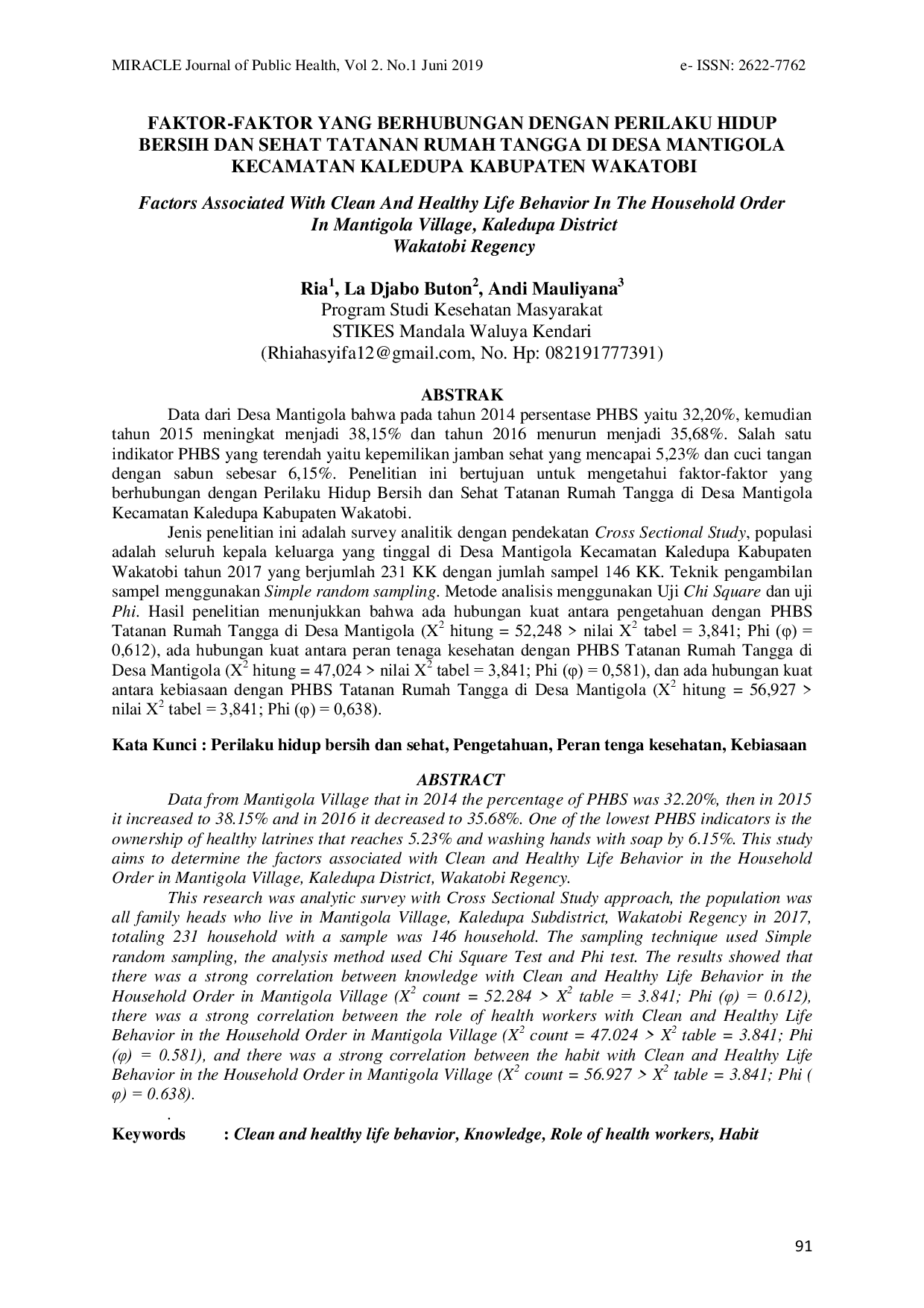 JURIS Faktor Faktor Yang Berhubungan Dengan Perilaku Hidup Bersih Dan Sehat Tatanan Rumah Tangga Di Desa Mantigola Kecamatan Kaledupa Kabupaten Wakatobi