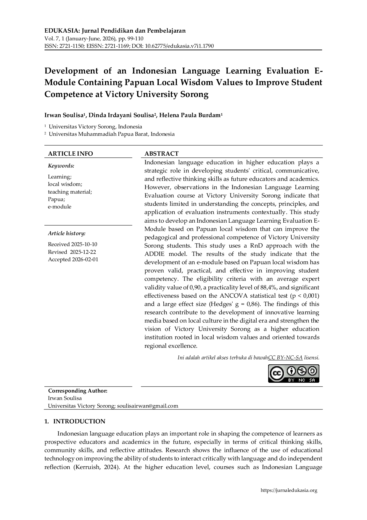 JURIS Development of an Indonesian Language Learning Evaluation E Module Containing Papuan Local Wisdom Values to Improve Student Competence at Victory University Sorong