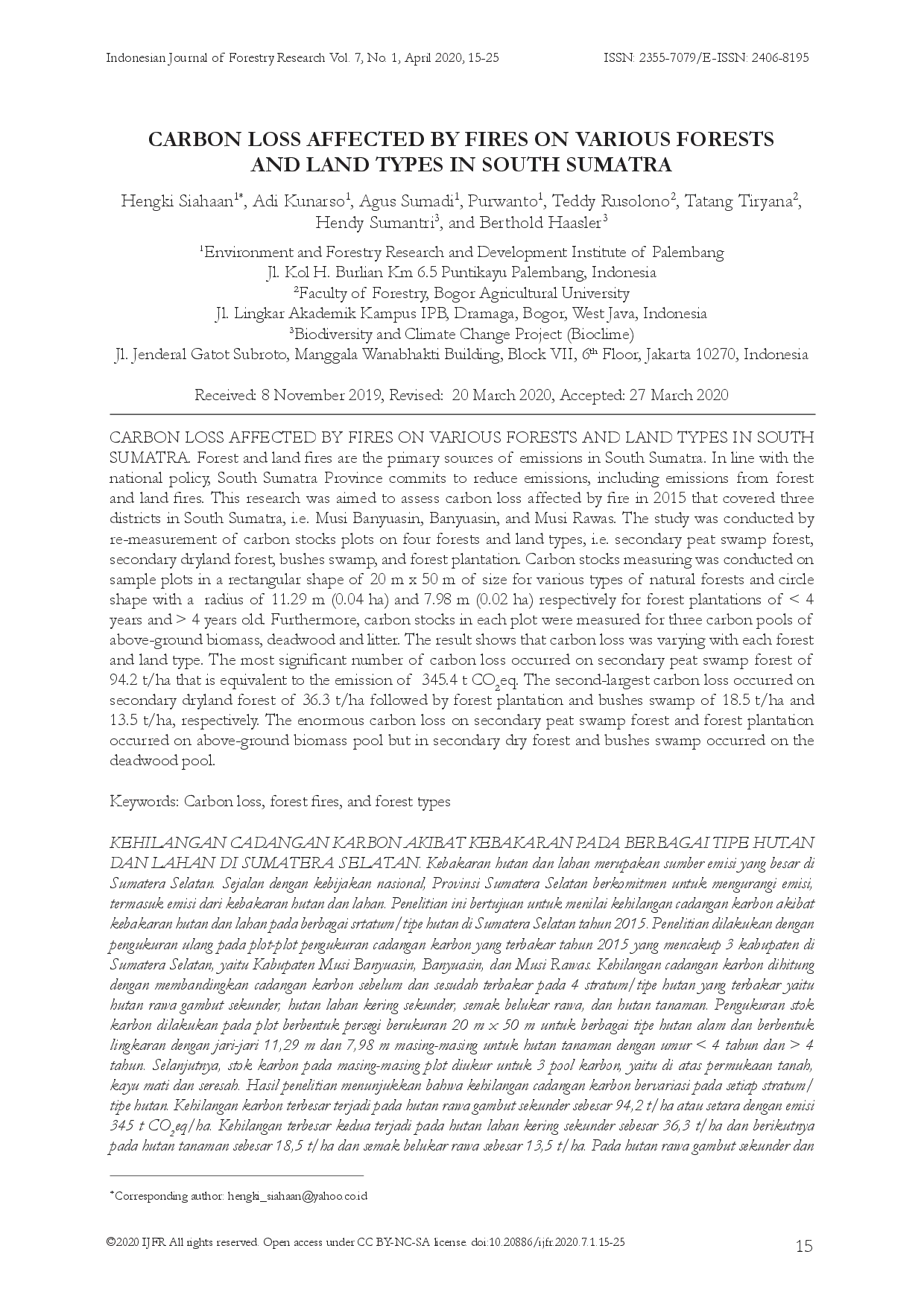 juris Kehilangan Cadangan Karbon Akibat Kebakaran Pada Berbagai Tipe Hutan Dan Lahan Di Sumatera Selatan