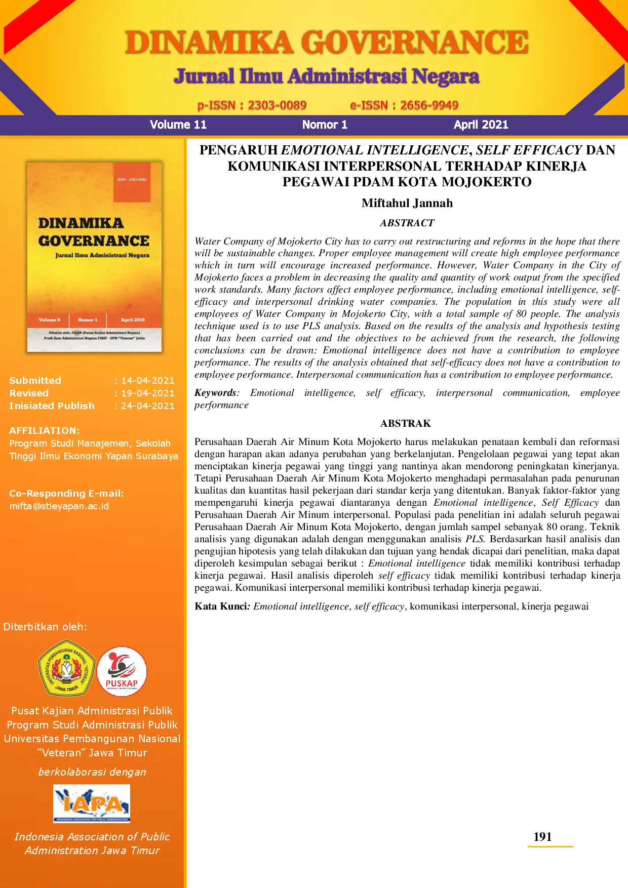 juris Pengaruh Emotional Intelligence Self Efficacy dan Komunikasi Interpersonal terhadap Kinerja Pegawai PDAM Kota Mojokerto