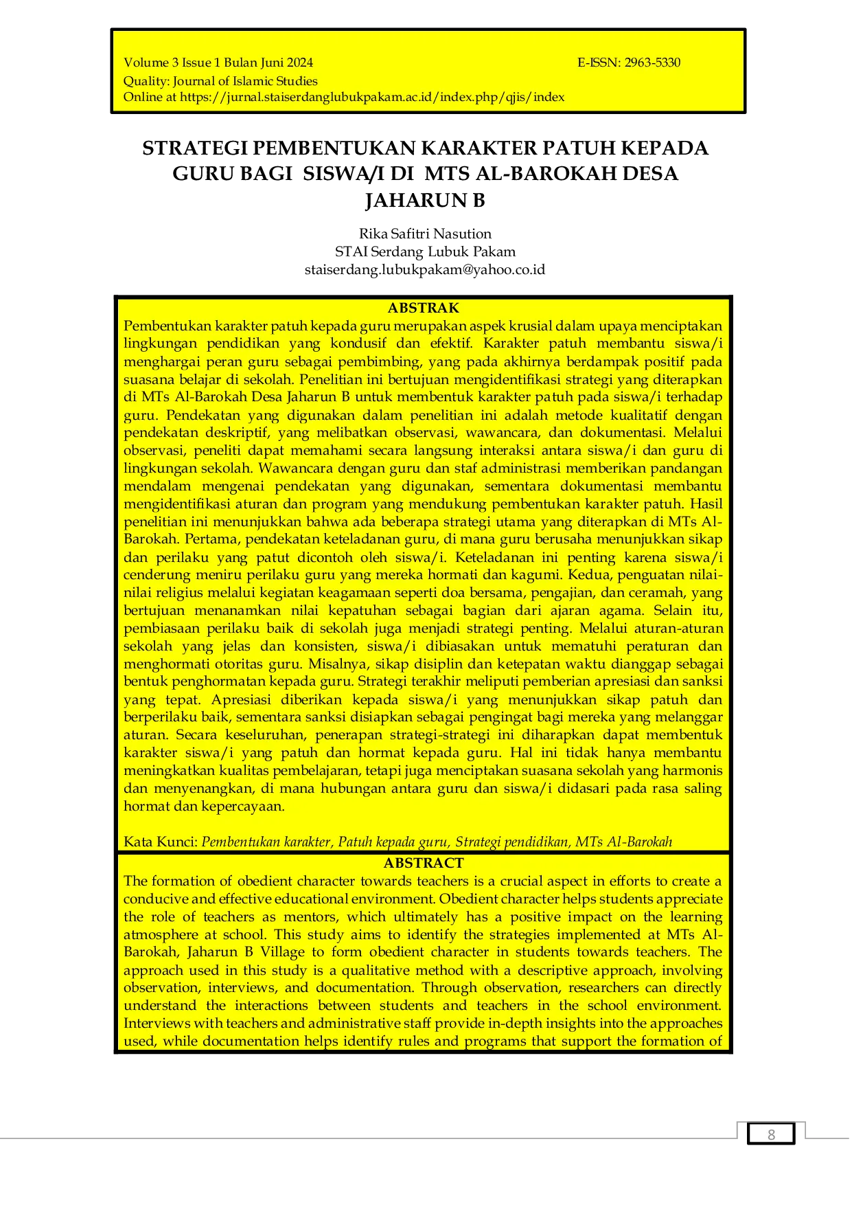 JURIS Strategi Pembentukan Karakter Patuh Kepada Guru Bagi Siswa I Di Mts Al Barokah Desa Jaharun B