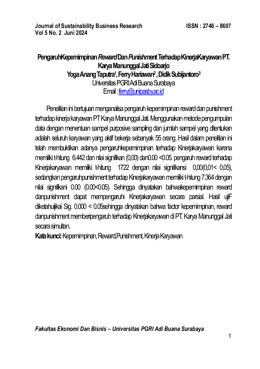 JURIS PengaruhKepemimpinan Reward Dan Punishment Terhadap KinerjaKaryawan PT Karya Manunggal Jati Sidoarjo