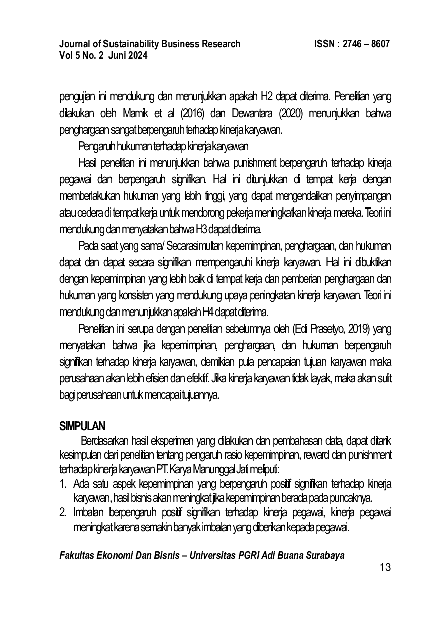 JURIS PengaruhKepemimpinan Reward Dan Punishment Terhadap KinerjaKaryawan PT Karya Manunggal Jati Sidoarjo