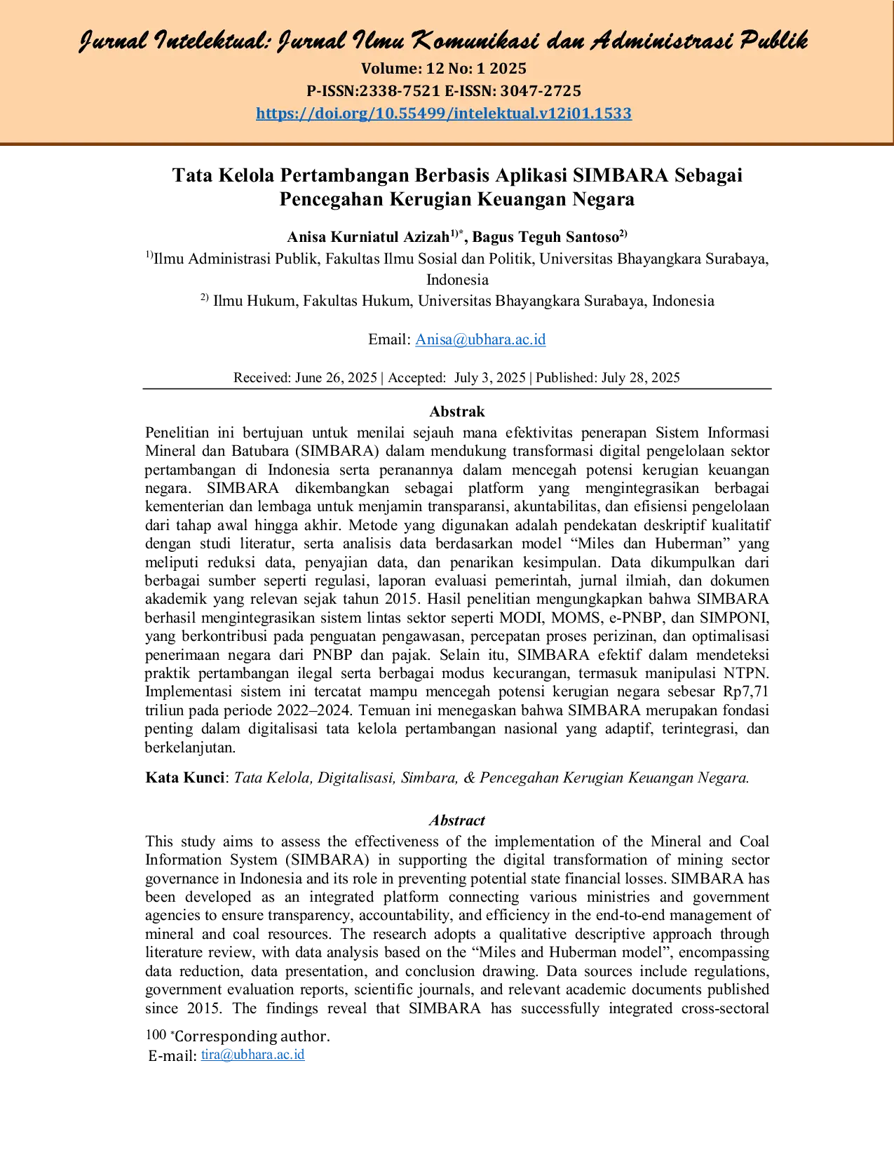 JURIS Tata Kelola Pertambangan Berbasis Aplikasi SIMBARA Sebagai Pencegahan Kerugian Keuangan Negara