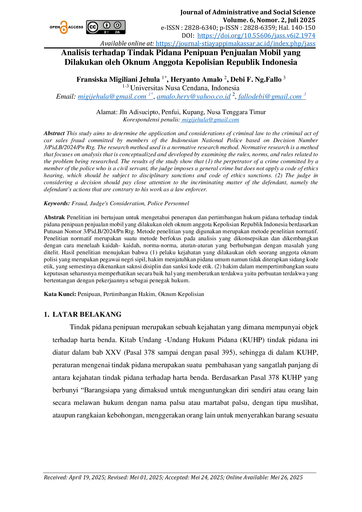 JURIS Analisis Terhadap Tindak Pidana Penipuan Penjualan Mobil Yang Dilakukan Oleh Oknum Anggota Kepolisian Republik Indonesia