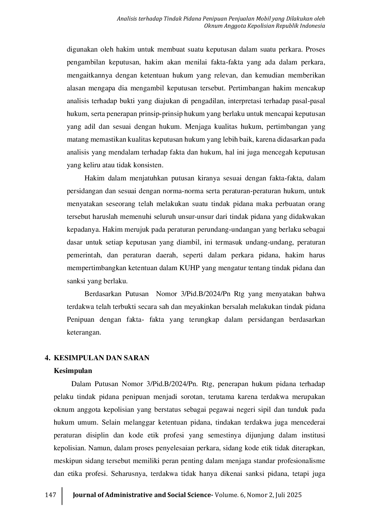 JURIS Analisis Terhadap Tindak Pidana Penipuan Penjualan Mobil Yang Dilakukan Oleh Oknum Anggota Kepolisian Republik Indonesia