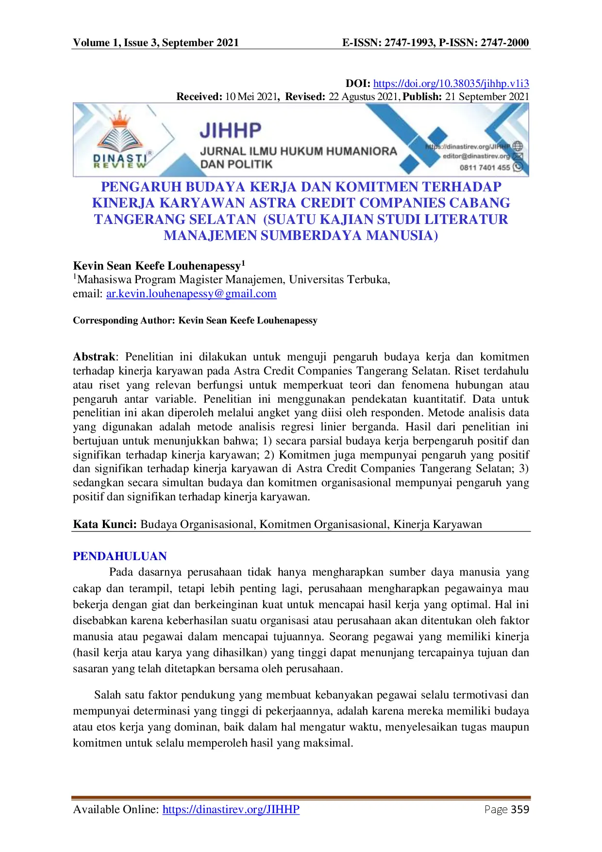 juris Pengaruh Budaya Kerja Dan Komitmen Terhadap Kinerja Karyawan Astra Credit Companies Cabang Tangerang Selatan Suatu Kajian Studi Literatur Manajemen Sumberdaya Manusia