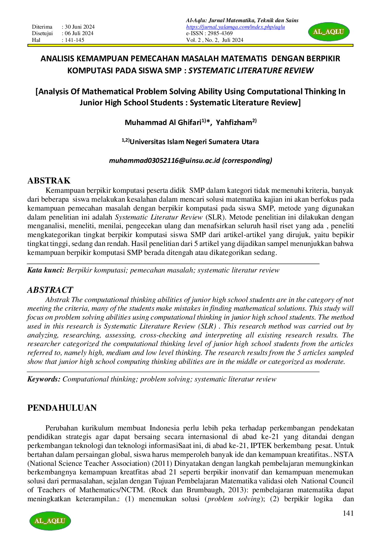 JURIS Analysis Of Mathematical Problem Solving Ability Using Computational Thinking In Junior High School Students Systematic Literature Review